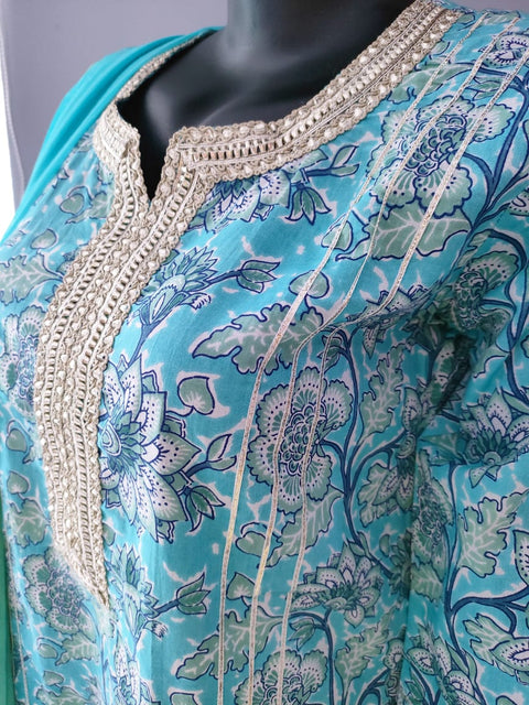 110005 Blue Cotton Straight Printed Kurti With Pant and Dupatta