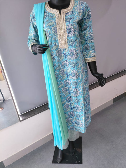110005 Blue Cotton Straight Printed Kurti With Pant and Dupatta