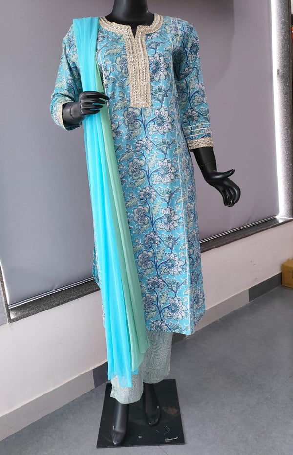 110005 Blue Cotton Straight Printed Kurti With Pant and Dupatta