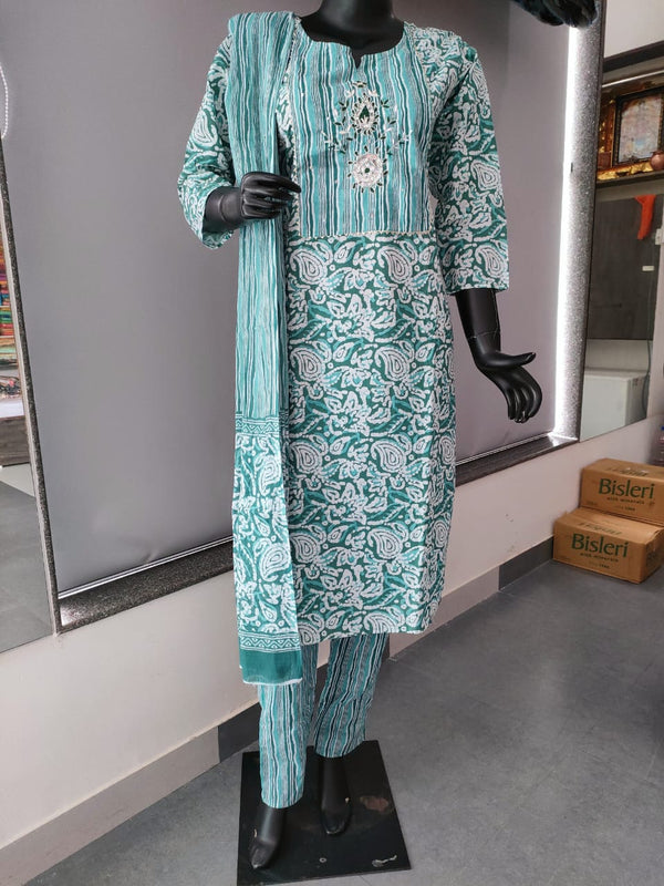 110006 Cotton Straight Printed Kurti With Pant And Dupatta