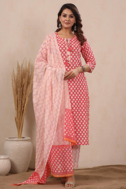 Pink Cotton Straight Printed Kurti With Pant And Dupatta