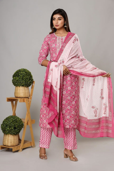 Pink Cotton Straight Printed Kurti With Pant And Dupatta