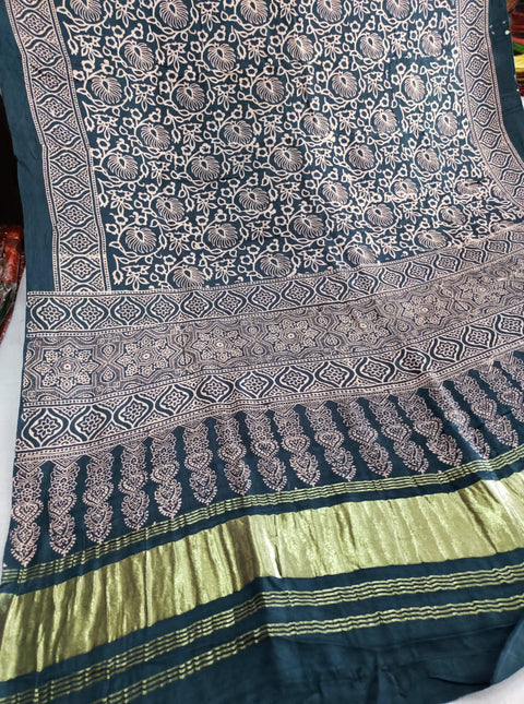 111006 Pure Modal Silk Hand Printed Ajrakh Dupatta - Gray
