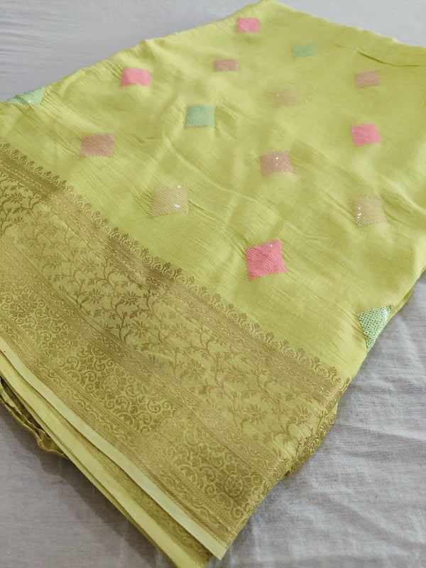 114007 Banarasi Sequence Party Wear Saree - Yellow