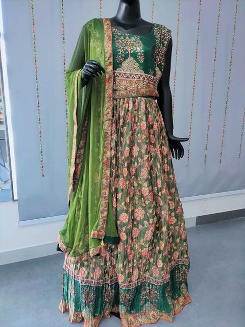 118004 Printed Silk Green Gown with Sequence Work