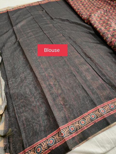 356005 Handmade Kalamkari Linen Silk Saree - Gray