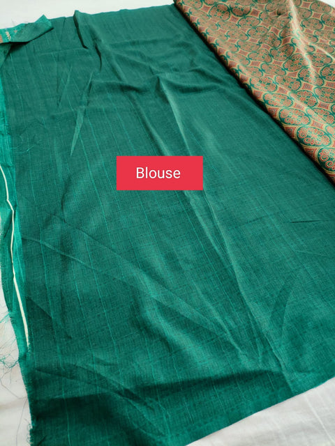 356004 Handmade Kalamkari Linen Silk Saree - Green