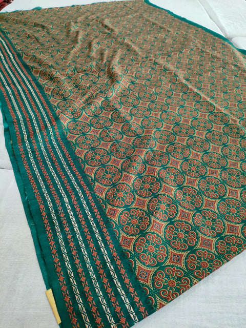 356004 Handmade Kalamkari Linen Silk Saree - Green