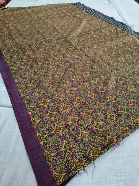 356004 Handmade Kalamkari Linen Silk Saree - Purple