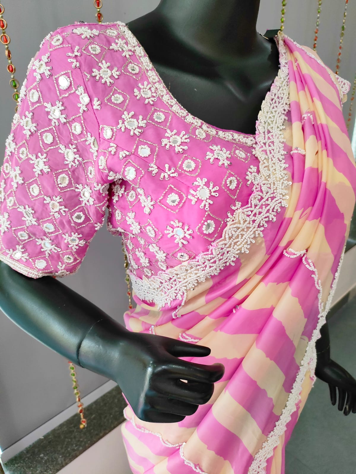 119002 Pink Strips Designer Saree with Blouse