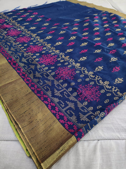 359002 Cotton Silk Embroidery Saree - Navy Blue