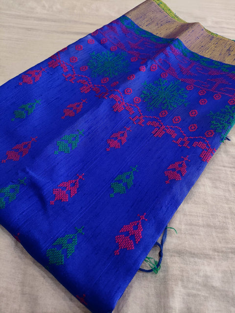 359002 Cotton Silk Embroidery Saree - Royal Blue