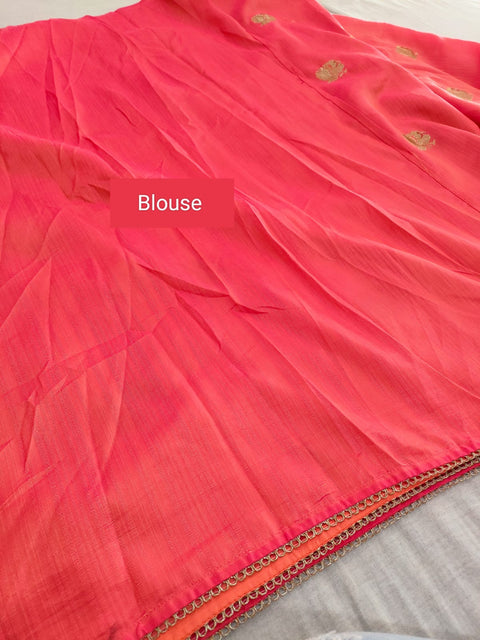 359005 Kolkata Silk Saree With Zari Embroidery - Orange Pink