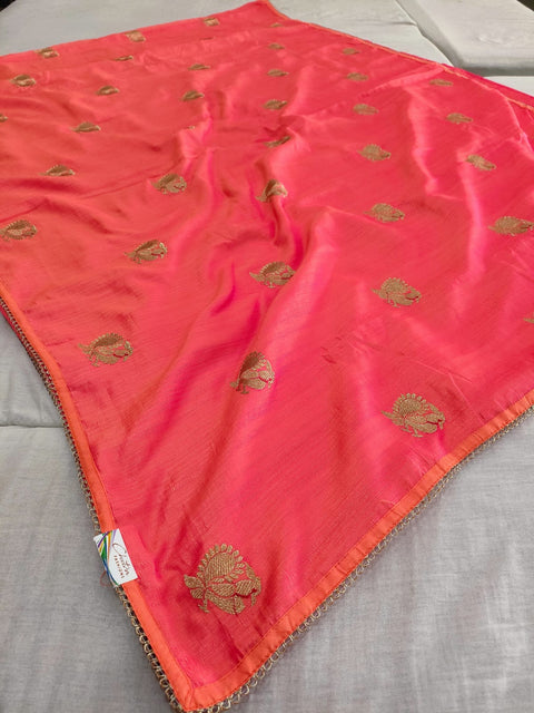 359005 Kolkata Silk Saree With Zari Embroidery - Orange Pink