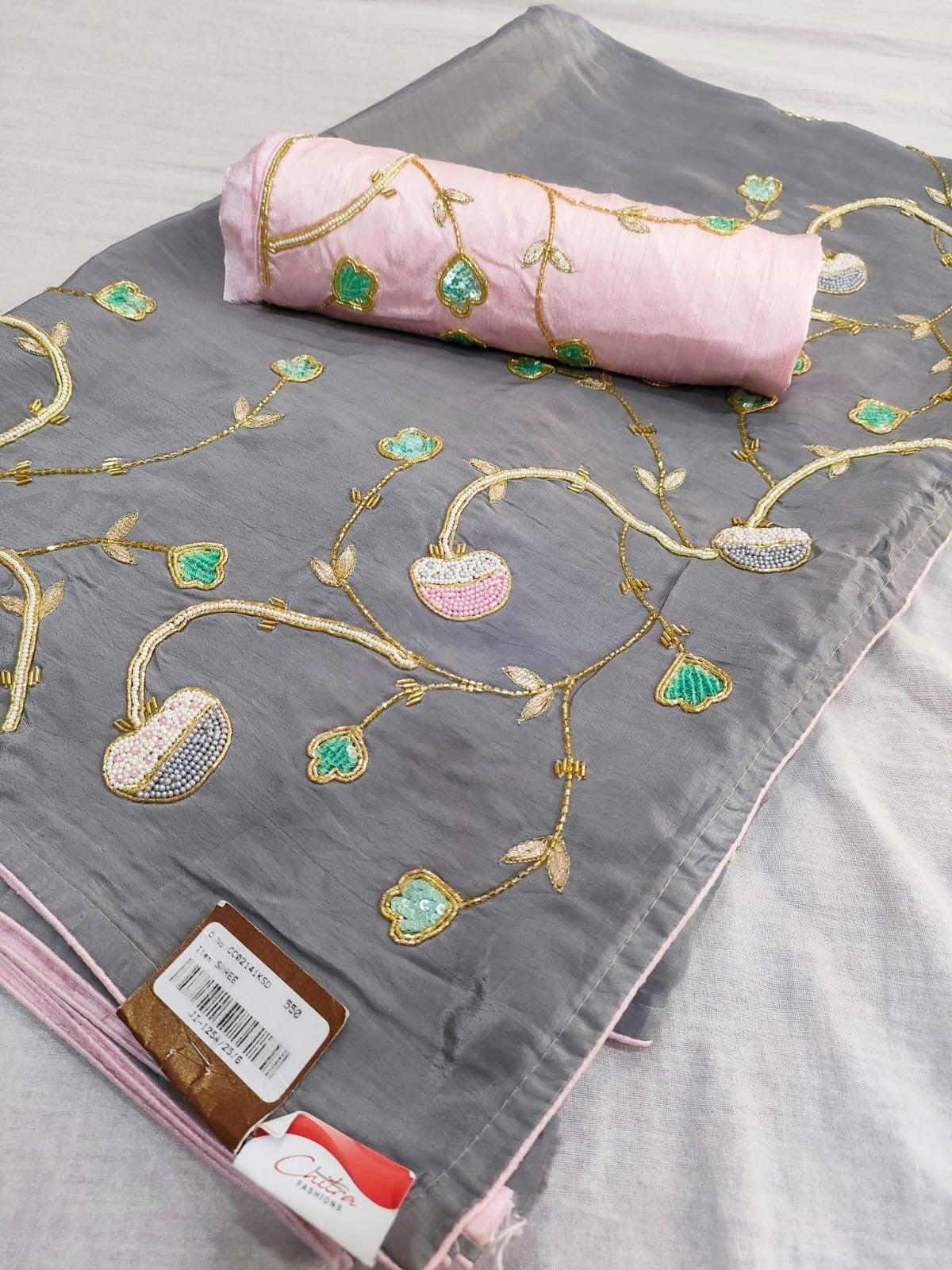 121002 Gray Designer Primum Full Handwork Saree