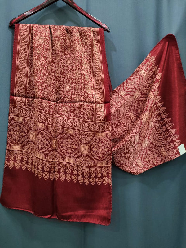 392003 Gajji Silk Ajrakh Stole - Maroon 1052