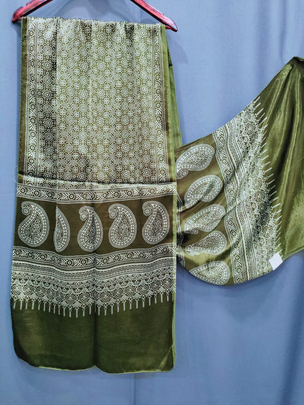 392001 Gajji Silk Ajrakh Stole - Green 1052