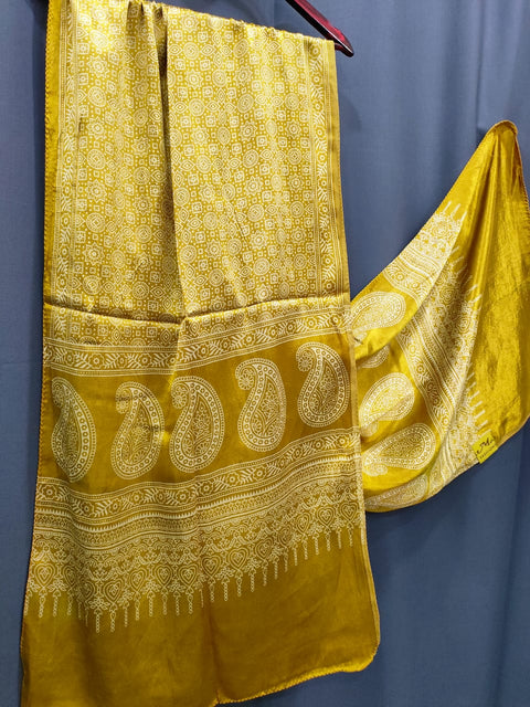 392001 Gajji Silk Ajrakh Stole - Yellow