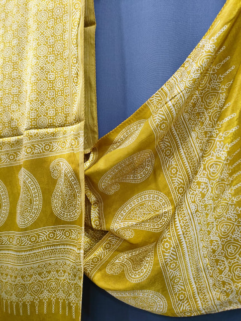 392001 Gajji Silk Ajrakh Stole - Yellow