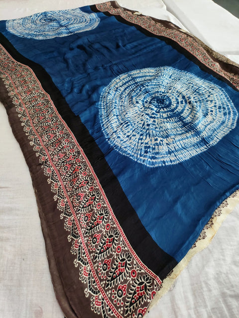 143002 Modal Silk Ajrakh Saree With Hand Tie And Dye - Blue