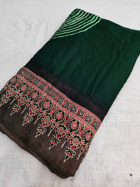 143002 Modal Silk  Ajrakh Saree with Hand Tie and Dye - Dark Green