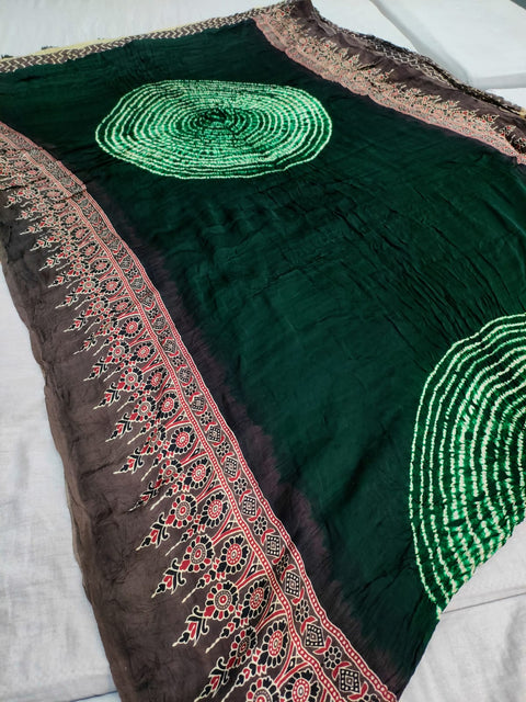 143002 Modal Silk  Ajrakh Saree with Hand Tie and Dye - Dark Green