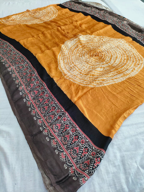 143002 Modal Silk Ajrakh Saree With Hand Tie And Dye - Mustered