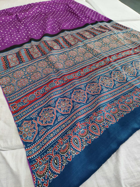 143001 Modal Silk  Ajrakh Saree with Hand Bandhani - Purple