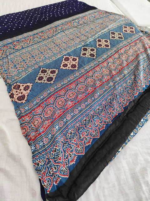 143001 Modal Silk  Ajrakh Saree with Hand Bandhani - Brinjal Blue