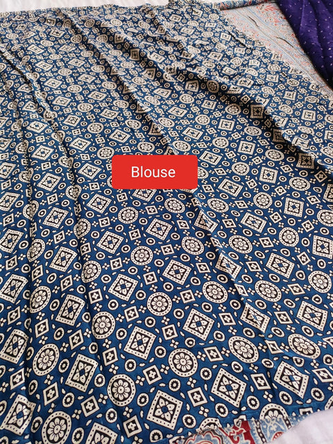 143001 Modal Silk  Ajrakh Saree with Hand Bandhani - Brinjal Blue