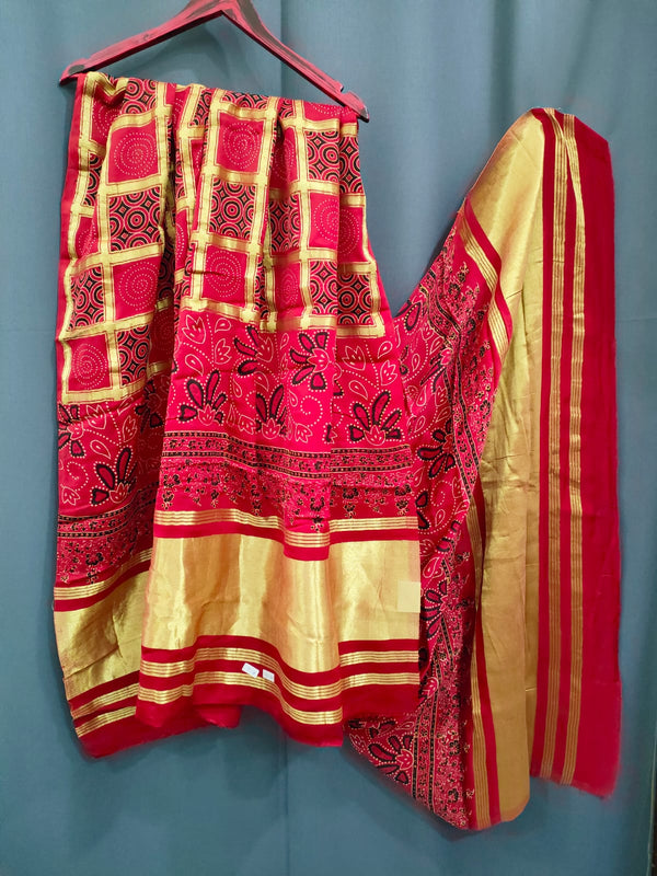 144007 Pure Modal Silk Ajrakh Dupatta with Zari Work - Red