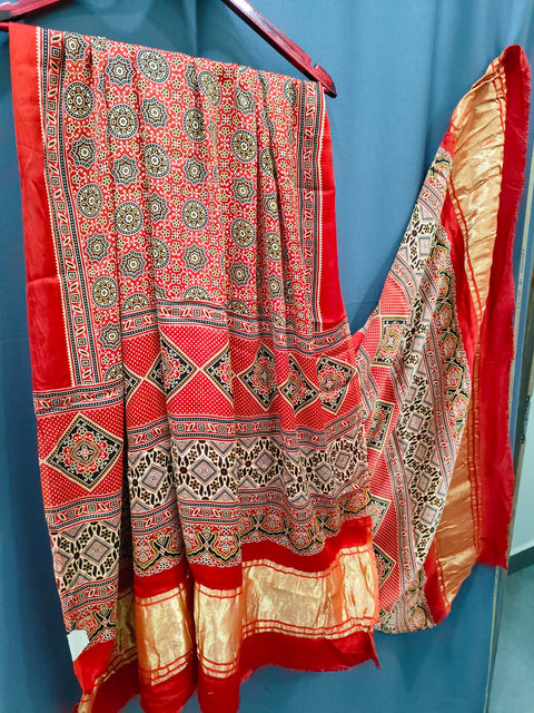 144009 Pure Modal Silk Ajrakh Dupatta with Zari Work