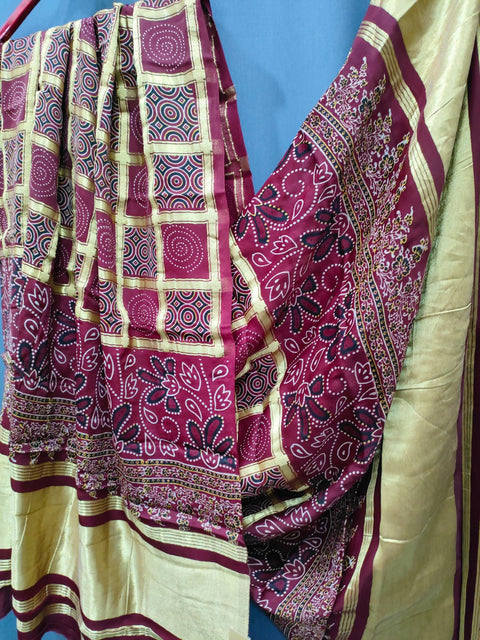 144007 Pure Modal Silk Ajrakh Dupatta with Zari Work - Maroon