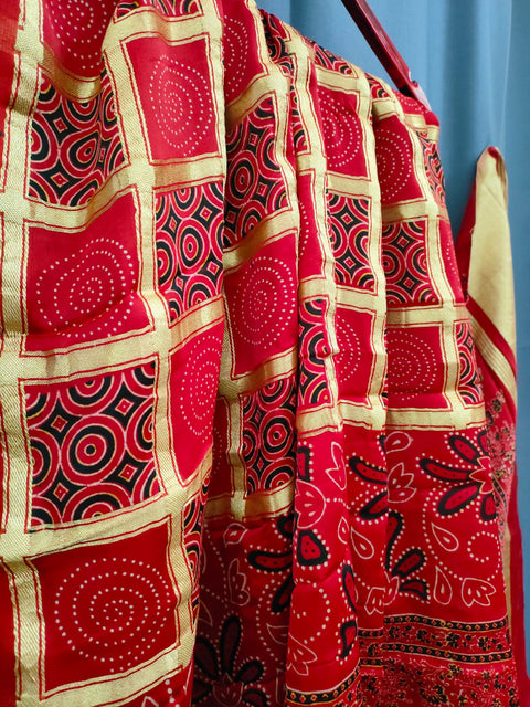 144007 Pure Modal Silk Ajrakh Dupatta with Zari Work - Red
