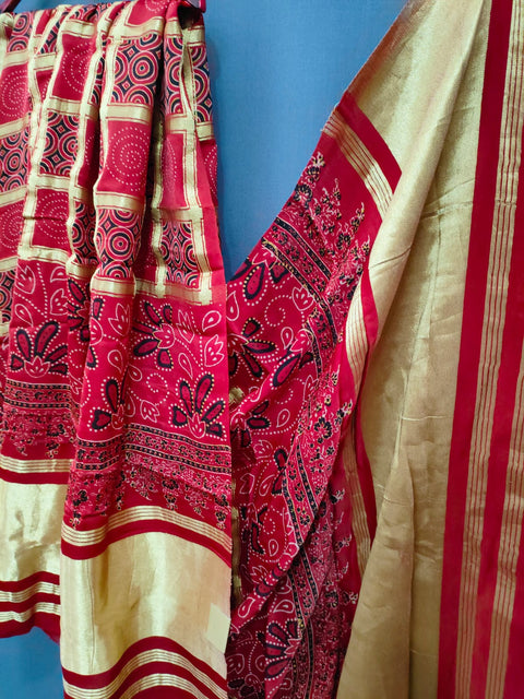 144007 Pure Modal Silk Ajrakh Dupatta with Zari Work - Red