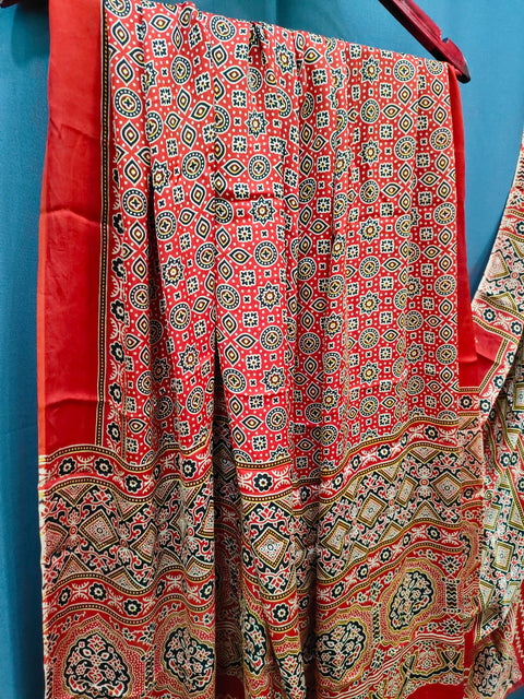 144008 Pure Modal Silk Ajrakh Dupatta with Zari Work - Red