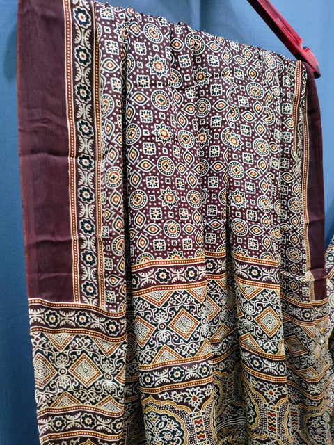 144008 Pure Modal Silk Ajrakh Dupatta with Zari Work - Dark Brown