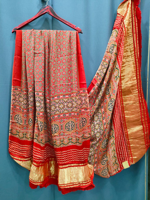 144008 Pure Modal Silk Ajrakh Dupatta with Zari Work - Red