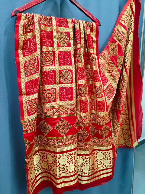 144004 Pure Modal Silk Ajrakh Dupatta with Zari Work