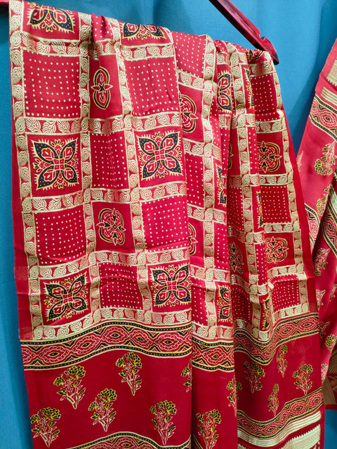 144001 Pure Modal Silk Ajrakh Dupatta with Zari Work