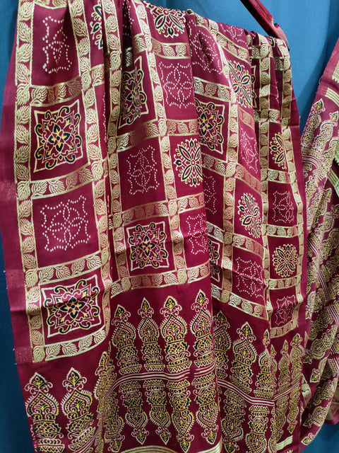 144002 Pure Modal Silk Ajrakh Dupatta with Zari Work