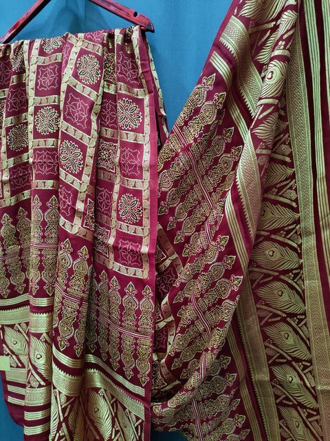 144002 Pure Modal Silk Ajrakh Dupatta with Zari Work