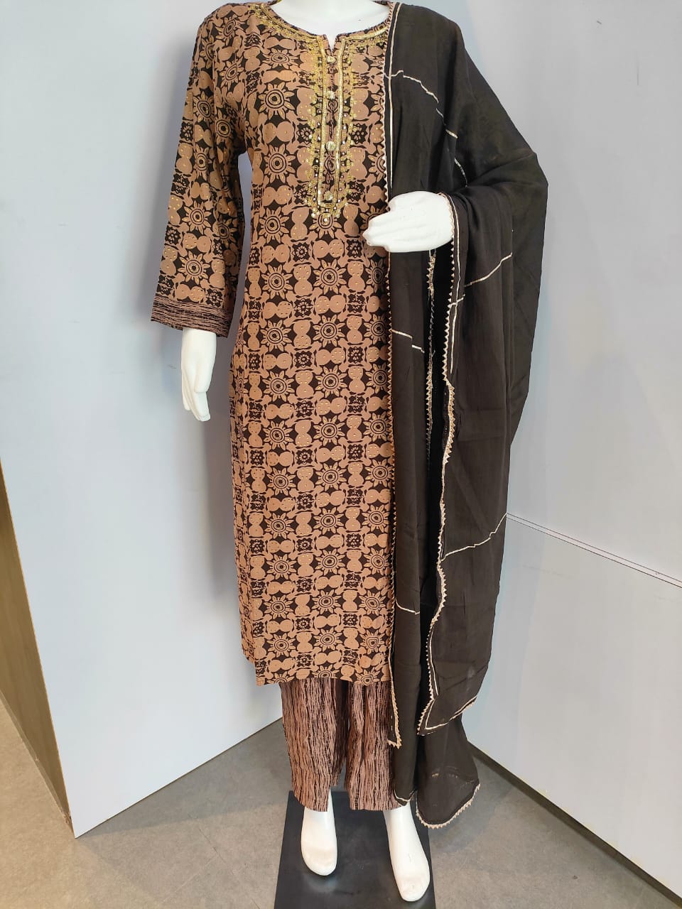 149007 Colorful Hand Embroidered Sequence Work Straight Fit Kurta With Pant and Dupatta