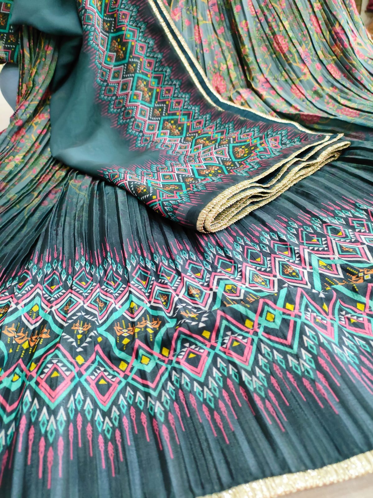 414006 Digital Printed Silk Crush Lehanga Set