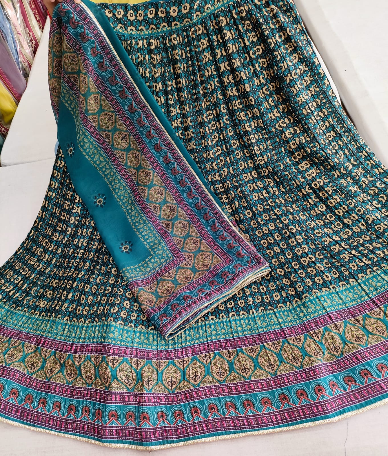 414007 Ajrakh Printed Silk Crush Lehanga Set