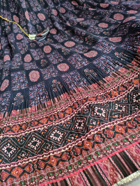 414003 Ajrakh Printed Silk Crush Lehanga Set
