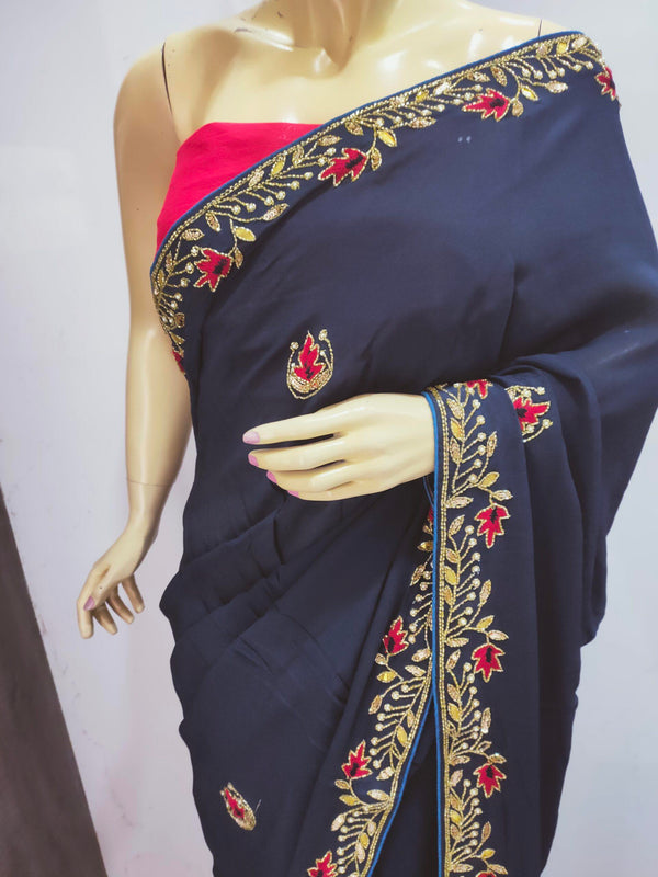 236009 Blue Handwork Party Wear Saree