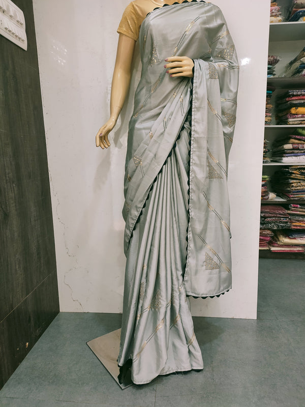 246003 Fancy Embroidery Work Crap Saree- Grey