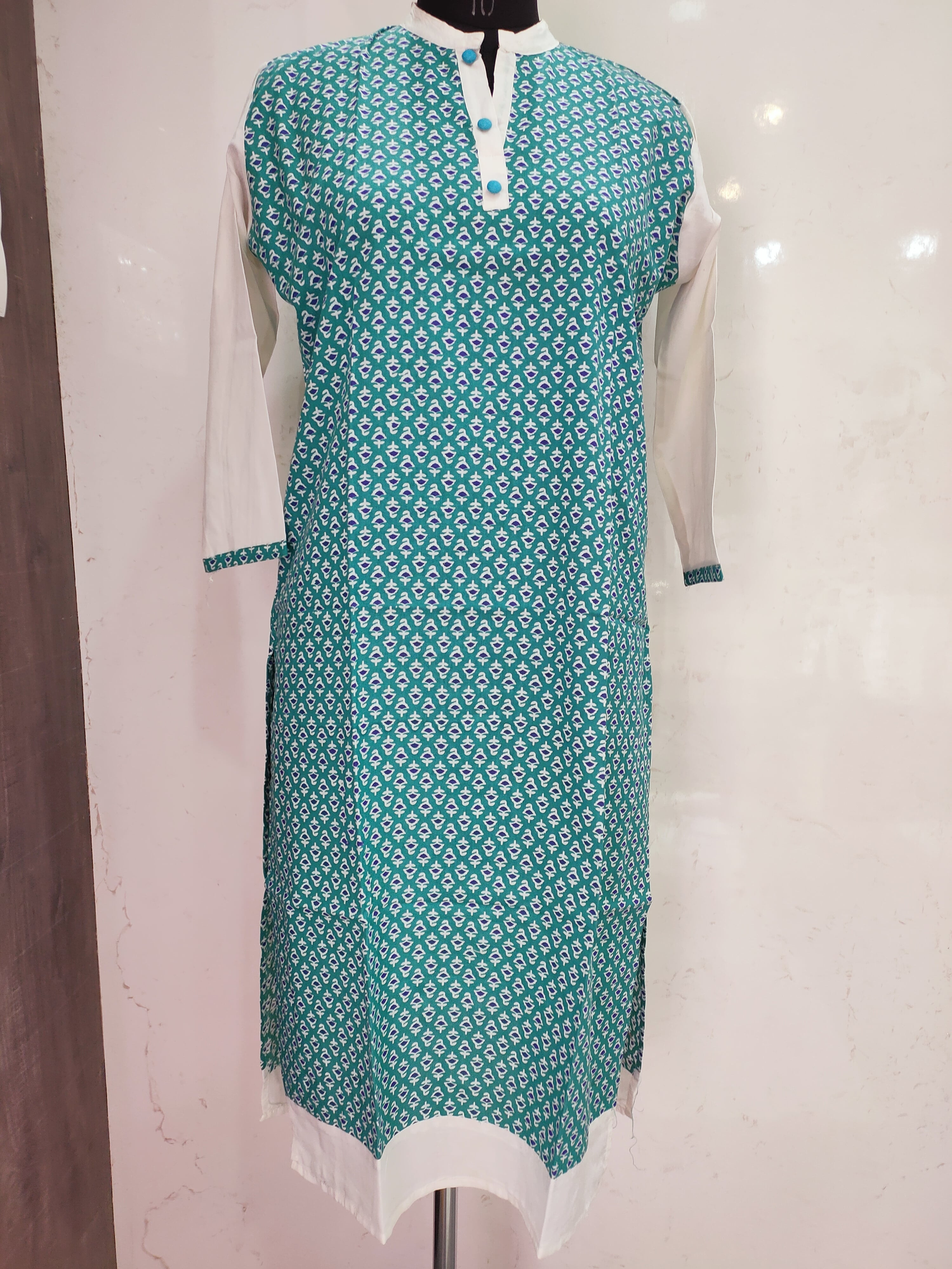 266010 Cotton Hand Block Kurti - Green