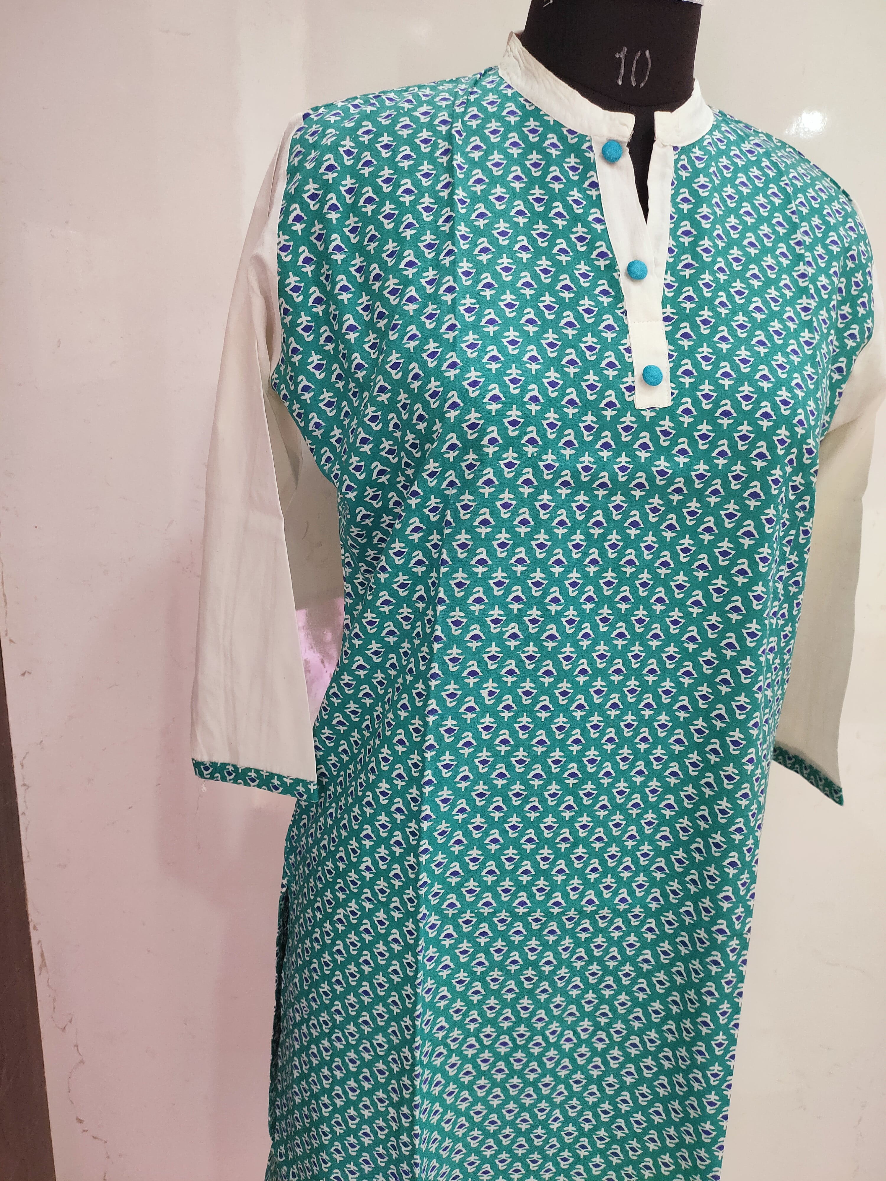 266010 Cotton Hand Block Kurti - Green
